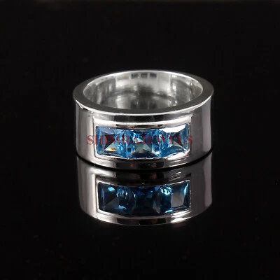 Naturale Topazio Blu Gemma Con 18k Placcato Oro Bianco Argento Anello per Uomo # - Immagine 1 di 4