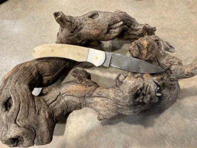 Cuchillo hoja plegable Big Damascus con mango de hueso blanco Foto 1 de 4