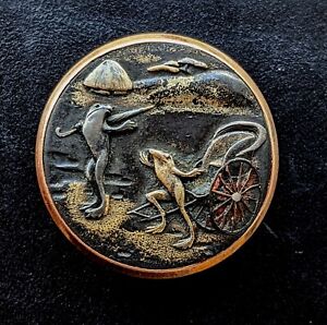 Japanese 19c. Shakudo Collar Button/Stud Two Frogs