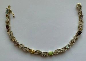 925 STERLING SILVER GOLD TONE MULTI COLOR STONES TENNIS BRACELET - Picture 1 of 12