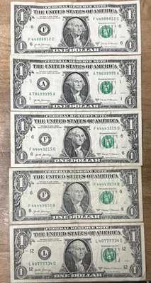 (5) 4 of a kind 1s Fancy Serial Number One Dollar Bills - Image 1 of 4