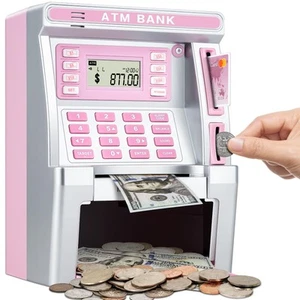 Pink Piggy Bank for Kids, ATM Machine Bank for Real Money with Debit Card, Bi... - Picture 1 of 7