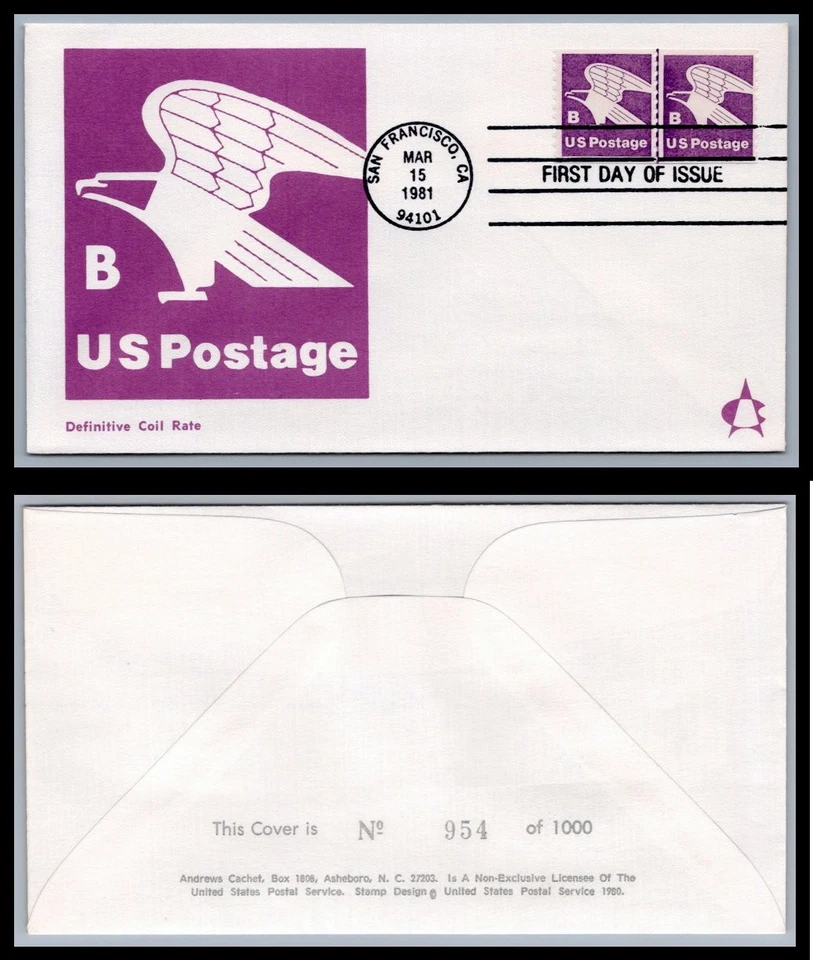 US FDC # 1820 "B" Rate (18c) Eagle Coil Andrews Line Pair  1981, 9Q1101 - Image 1 of 1