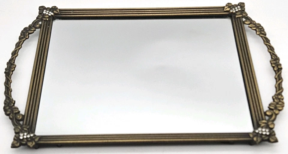 Vintage Square Framed Mirror With Ornate Floral Handles 13" Long 8.5" Wide  - Image 1 of 4