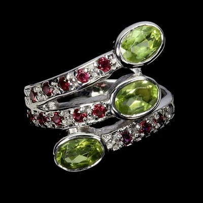 925 Sterling Silver Ring Oval Peridot 6x4mm Rhodolite Natural Gemstone Size 7 - Image 1 of 4