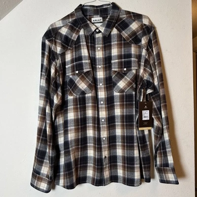 Ariat Men’s XXL Harford Retro Fit Snap-Front Flannel Shirt Black Tan Plaid - Image 1 of 4