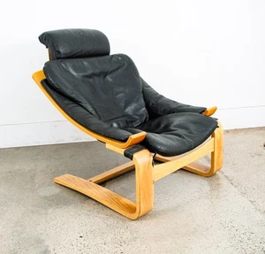 Mid Century Danish Modern Lounge Chair Black Leather Bentwood Armchair Tandem - Picture 1 of 9