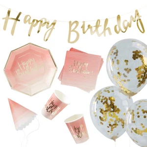 70 Teile Dekobox 'Happy Birthday' Geburtstag Mädchen rosa gold 16 Personen - Bild 1 von 2
