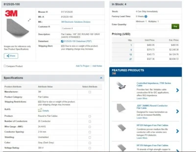 3M Ribbon Flat Cables 8125/20-100 .100" 20C ROUND 100' GRAY 24AWG STRANDED - Image 1 of 4