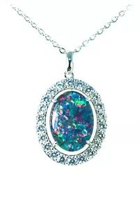 Halo Australian Fire Triplet Opal Necklace White Gold Plated Sterling Silver - Picture 1 of 6