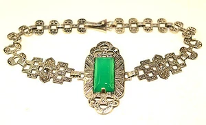 ANTIQUE ART DECO STERLING SILVER CHRYSOPRASE MARCASITE BRACELET 7 1/8" LONG - Picture 1 of 5