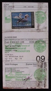 RW76 - 2009 Federal Duck Stamp on Illinois Hunting License - Picture 1 of 2