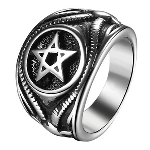 Men's Satan Stainless Steel Ring Baphomet Demon Pentagram Goat Seal Amulet Band - Picture 1 of 7