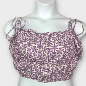 Aerie Women's XL Crop Top Purple Floral Tie Sleeve Summer Casual Button Cotton - Picture 1 of 4