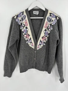 Cárdigan Suéter Koret Vintage Mujer Pequeño Gris Floral Bordado Lana - Imagen 1 de 16