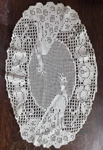 VTG Oval Doily Handmade Crocheted Lace Peacocks & Roses 19.5" Tablecloth Cottage - Picture 1 of 12