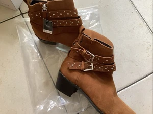 NEXT BROWN TAN Suede Ankle Boots Buckle Detail &Studs Block Heel NEW 6 1/2 - Picture 1 of 5