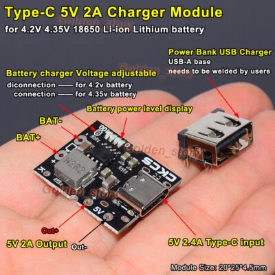 5V 2A Type-C USB 18650 Lithium Li-ion Battery Charging Board Phone Charger Bank - Image 1 of 4