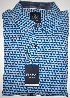 Jos A Bank Traveler Long Sleeve Shirt Large Tailored Fit Stretch Blue Geometric - Image 1 of 4