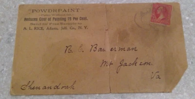 c1900 " POWDRPAINT" LETTERHEAD ADAMS, NY 1900 TO MT. JACKSON VA RARE 2c GW - Image 1 of 2