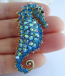 Turquoise Rhinestone Crystal Animal Seahorse Brooch Scarf Pin Pendant EE02254C15 - Picture 1 of 4