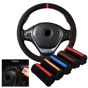 15" Car Steering Wheel Cover Suede Leather with Needle Thread Anti-Slip Case DIY