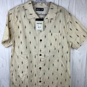 Reef Mens Craig Short Sleeve Button-Up Shirt Beige Spread Collar Pocket M New - Picture 1 of 10
