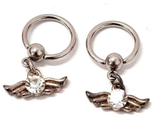 Nipple-PAIR-Captive Rings Dangle Wings w/Gems 14 Gauge 7/16" Steel - Picture 1 of 3