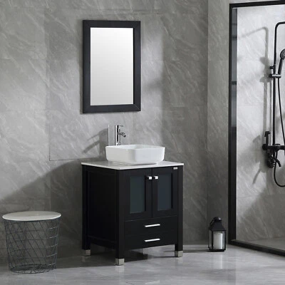 Mueble tocador de baño negro de 24" fregadero de cerámica con espejo grifo drenaje combo superior Foto 1 de 4