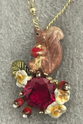 Les Nereides Squirrel with Enamel Flowers and Red Crystal Stone - NEW - Image 1 of 4