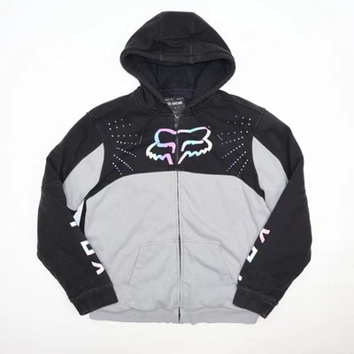 Jaqueta com capuz Fox Racing masculina preta cinza grande forrada de lã com zíper vintage - Imagem 1 de 4