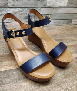 Tommy Hilfiger dunkelblau Keilabsatz Plateau Sandalen Damen 9,5 Gold Logo Boho - Bild 1 von 10