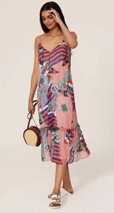 Lauren Ralph Lauren Georgette Nautical Print Midi Dress V Neck Blue Red Size 6 - Picture 1 of 6