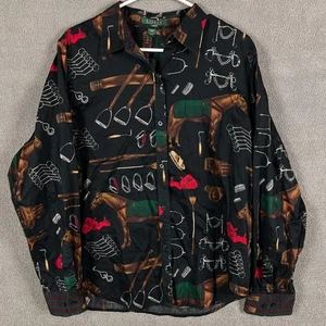 Lauren Ralph Lauren Hemd Damen XL schwarz Reitsport Pferd Print Knopfleiste - Bild 1 von 12