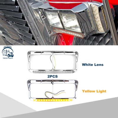 12" Chrome Headlight Bezels w/Yellow LED Bar for Kenworth T600 PB 379 Pair - Image 1 of 4