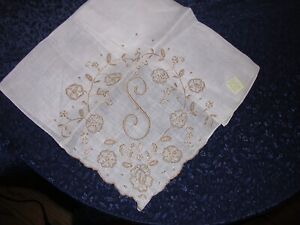 #G Vintage Bridal Champagne Madeira Monogram “S” Wedding Handkerchief Heirloom