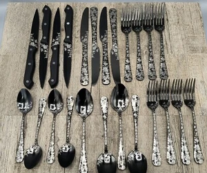 24-Pcs Butterfly Flowers Black Stainless Steel Flatware Set Service For 4 New - Picture 1 of 11