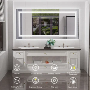 Large LED Wall Mirror Bathroom Vanity Makeup Mirror Dimmable Memory Touch Button - Picture 1 of 72