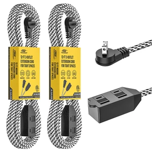 Cable de extensión interior plano de 2 clavijas - 12 pies trenzado, 3 salidas, cubierta de seguridad deslizante - Imagen 1 de 6