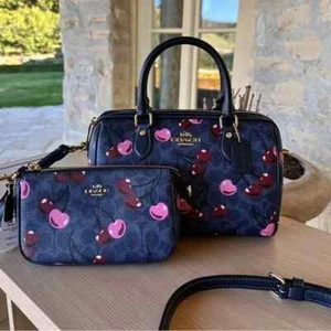Coach Signature Cherry Rowan Satchel Crossbody Bag + Nolita 19 Cherry Wallet NWT - Afbeelding 1 van 38