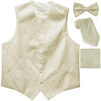 New Men's Paisley Tuxedo Vest Waistcoat & necktie & Bow tie & Hankie Ivory prom - Image 1 of 4