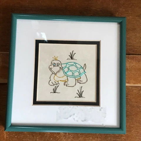 Estate Small Wire Outlined Turtle Double Matted in Green Metal Frame Under Glass Cover