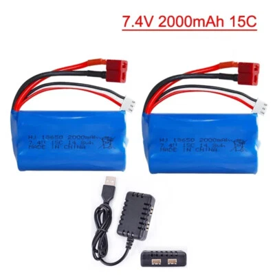2x Lipo Battery 7.4V 2000mAh 2s T Plug Deans Connector + USB Charger for RC Car - Image 1 of 4