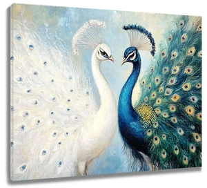 Vintage Birds Blue and White Peacock Abstract Wall Art for Bathroom Living Room - Picture 1 of 15