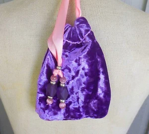 Reversible Purple Velvet Rose Pink Rosebud Satin Drawstring Bag Purse Pouch - Picture 1 of 8