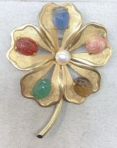 Vintage 1/20 12k Yellow Gold Filled Flower Gemstones Brooch Pin 8.15g Van Dell - Picture 1 of 12