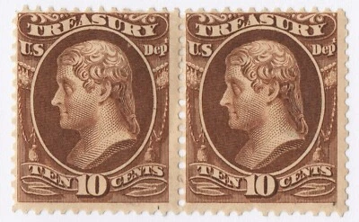 US # O77 *MINT OG H* { 10c JEFFERSON PAIR } TREASURY DEPT 1873 SCARCE CV$ 480.00 - Image 1 of 3