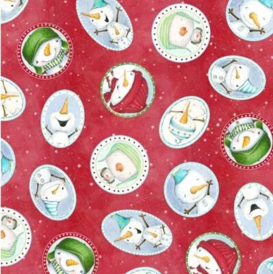 QUILTING TREASURES CLEARANCE - 'SNOW MUCH FUN' SNOWMEN PORTRAITS ON RED FLANNEL FABRIC - QT