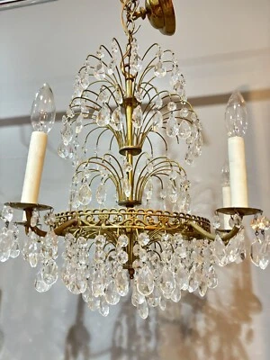 Vintage Crystal & Brass Waterfall Beaded Baltic Style Basket Chandelier 5 Light - Image 1 of 4