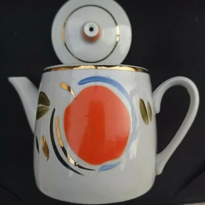 Pentola da tè Art Déco dipinta a mano ceramica vintage finitura oro 20 ° secolo brocca di frutta - Foto 1 di 9